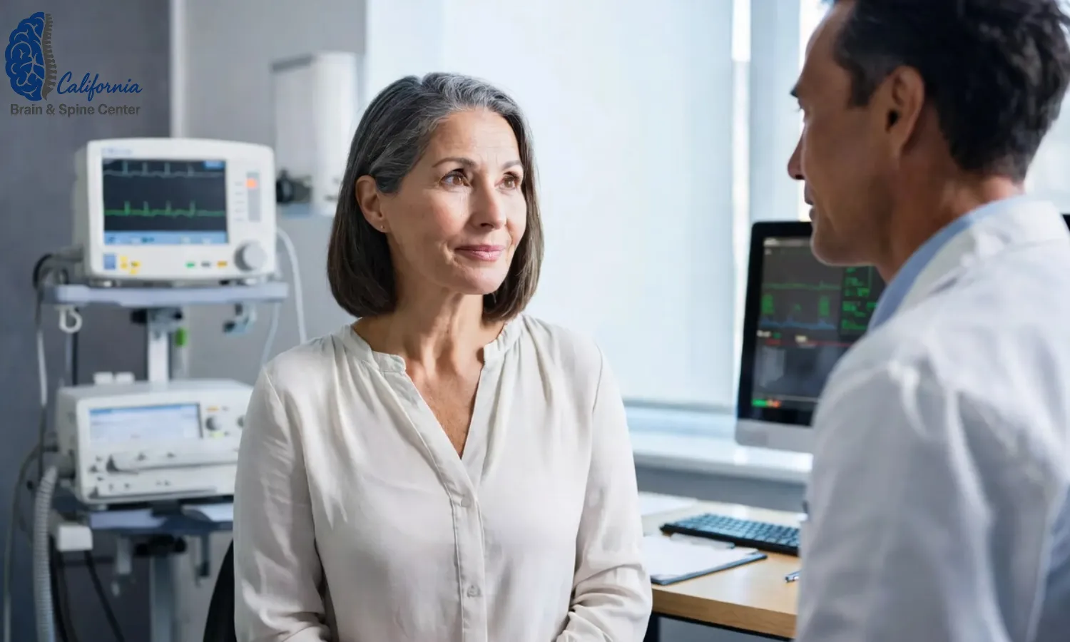 Middle aged woman from Hidden Hills sitting in a calm neurology clinic office, describing her migraine and vertigo symptoms to a compassionate doctor, modern equipment in the background, soft natural light, clean medical setting.