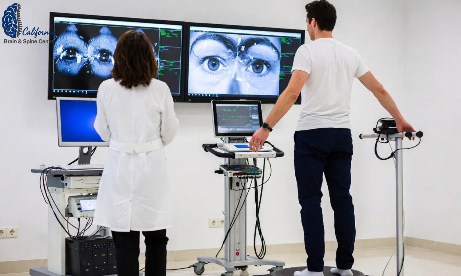 A patient standing on a balance platform with motion sensors while a clinician observes eye movements on a screen, modern vestibular testing equipment in a bright, professional clinic.