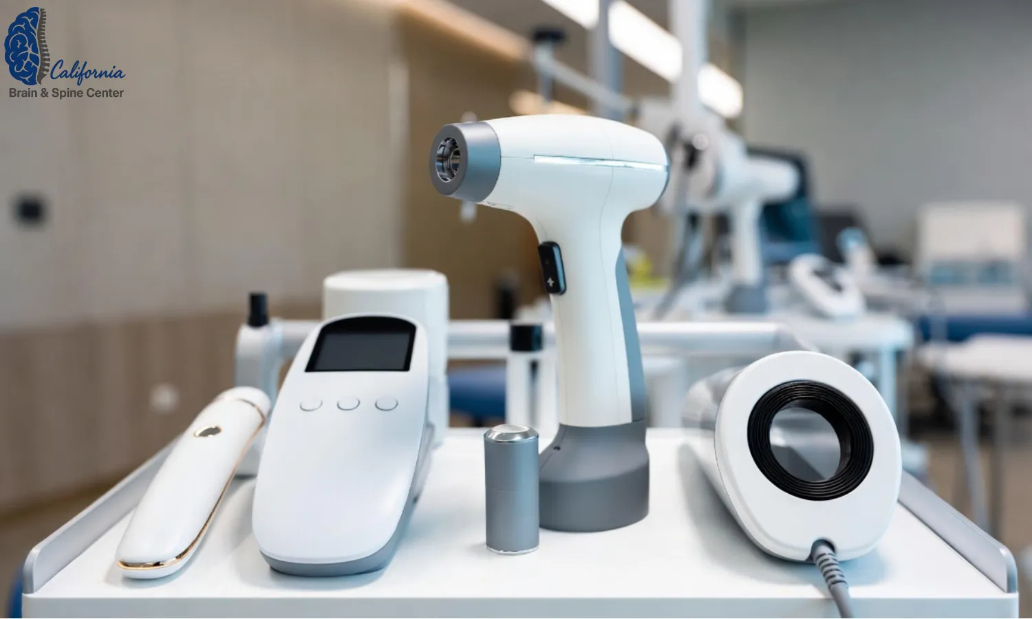 Close up of non invasive neuromodulation devices like a handheld vagus nerve stimulator and a low level laser device on a clean tray in a modern neurology clinic, calm color palette.