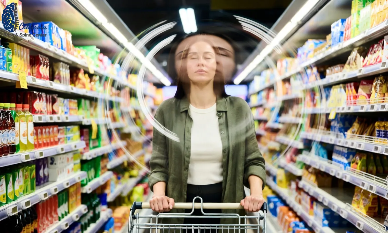 Woman in her 30s standing in a supermarket aisle, holding her cart and closing her eyes briefly as the shelves blur, with a soft overlay hinting at dizziness, realistic but empathetic style.
