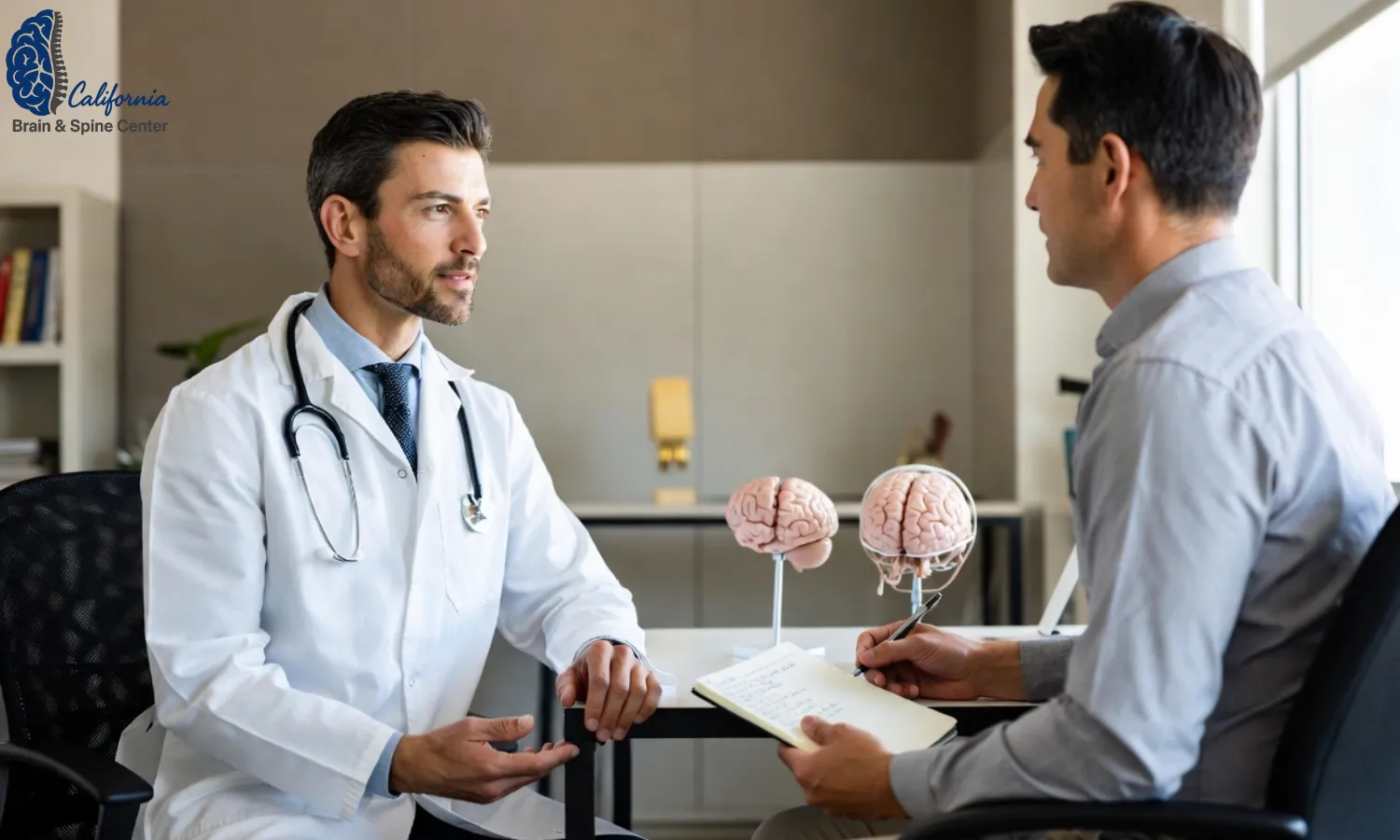 Adult patient sitting opposite a calm neurologically focused chiropractor in a modern clinic near Thousand Oaks, discussing a headache diary and triggers, with a soft, professional atmosphere and anatomical brain models on the desk.