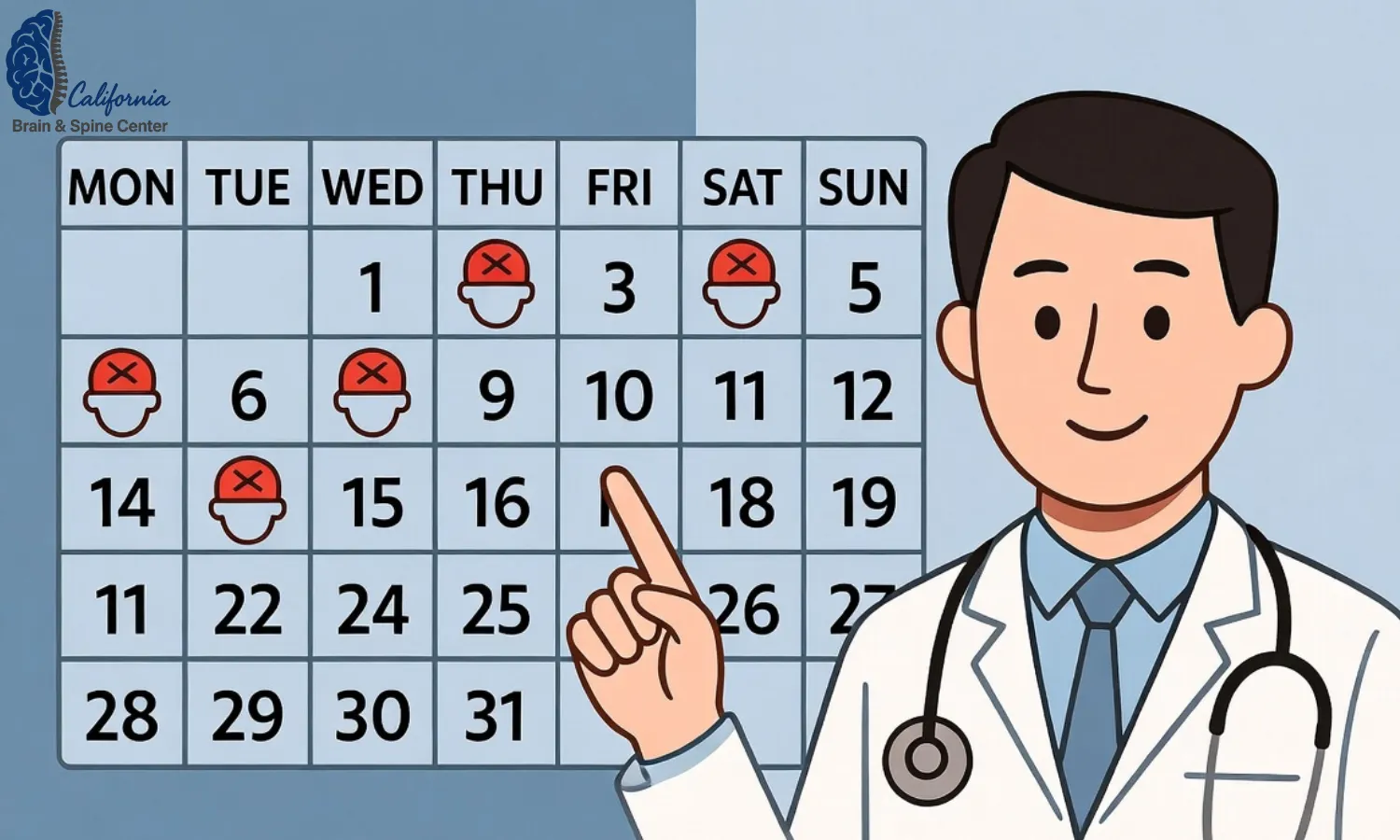 Simple infographic style image showing a calendar with many days marked with a red headache icon, next to a calm doctor pointing at the pattern, emphasizing chronic headache frequency