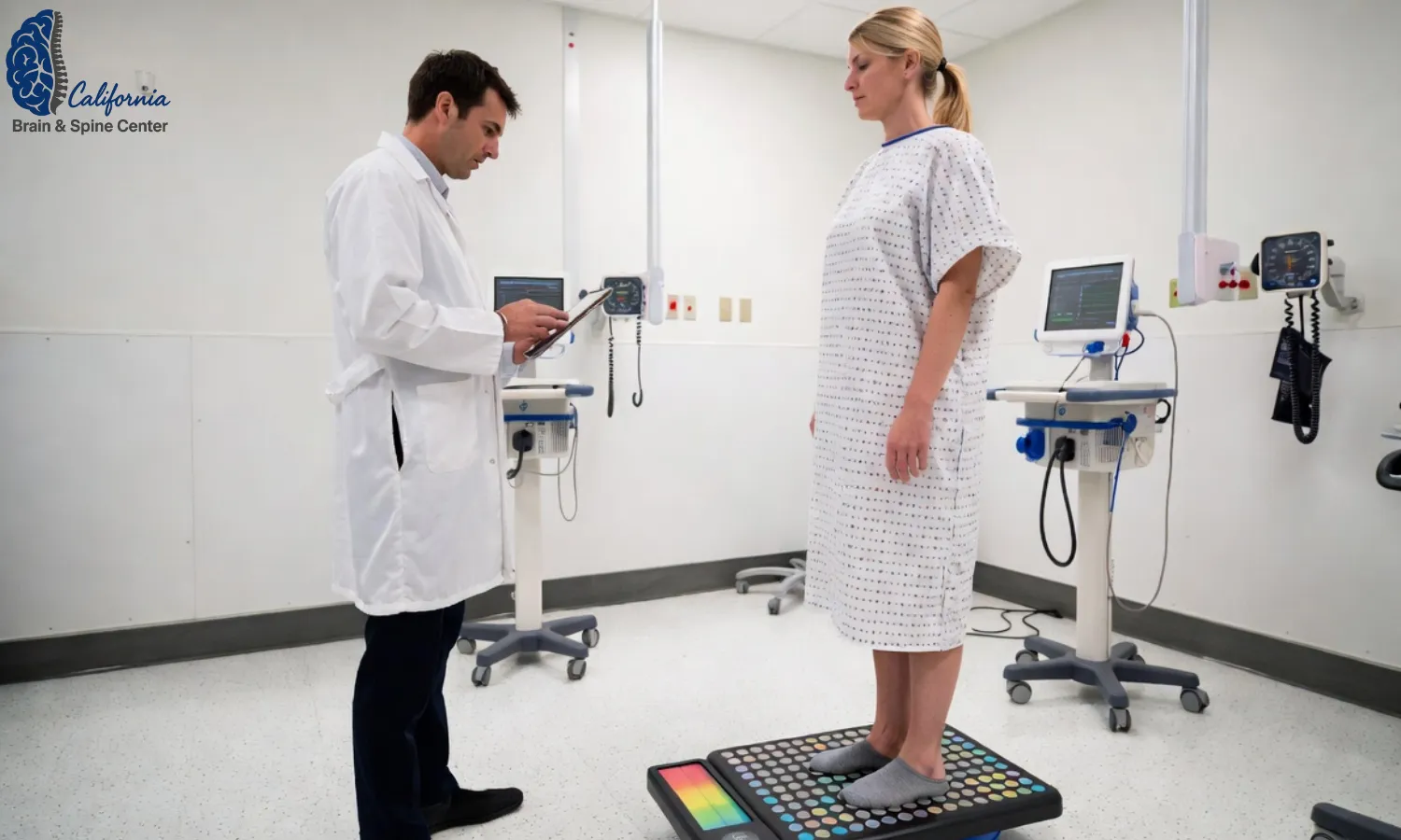 Patient standing on a computerized balance platform while a clinician observes eye movement data on a monitor, representing integrated headache and vestibular assessment.