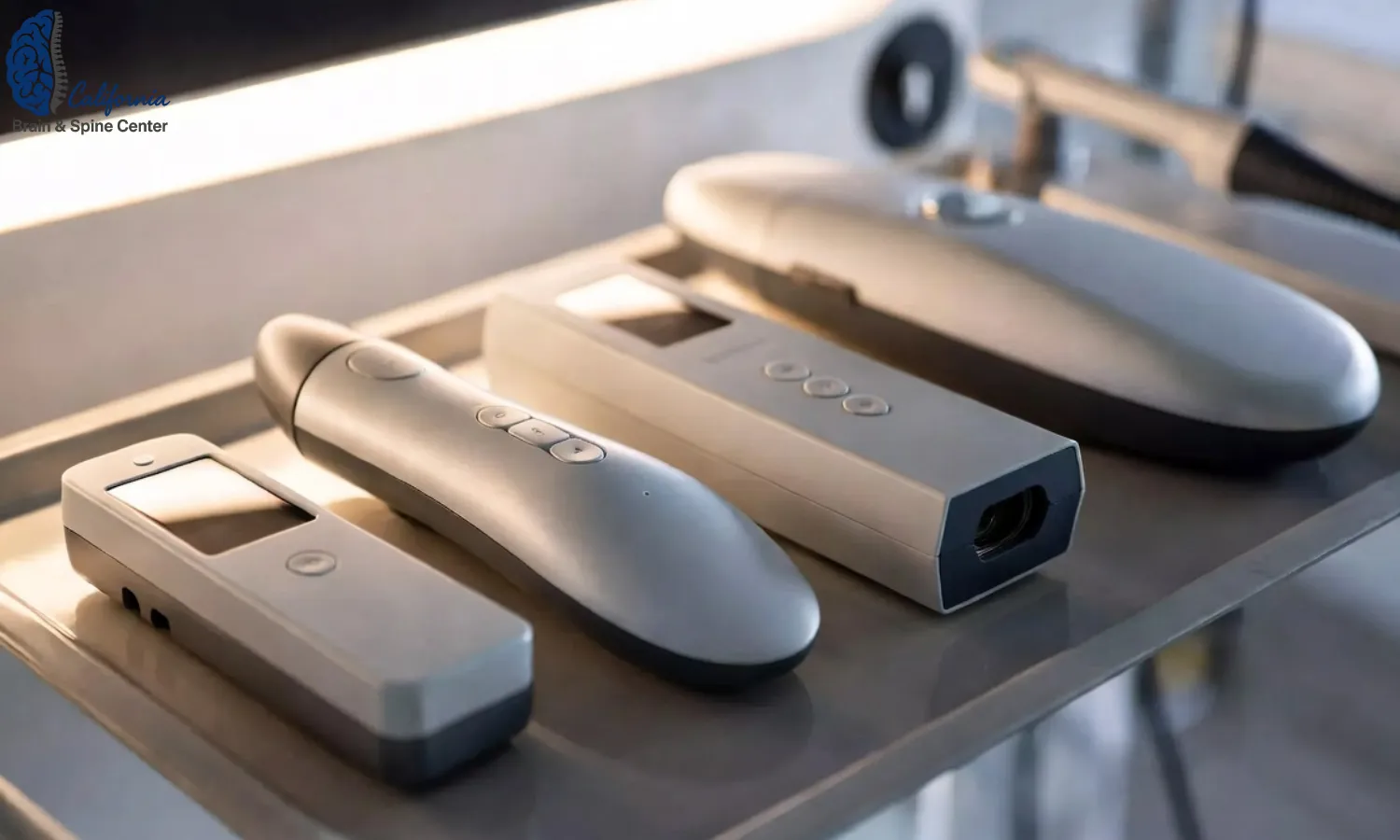 Close up of non invasive neuromodulation devices neatly arranged on a tray in a modern clinic, including a handheld vagus nerve stimulator and a low level laser device, with soft clinical lighting.