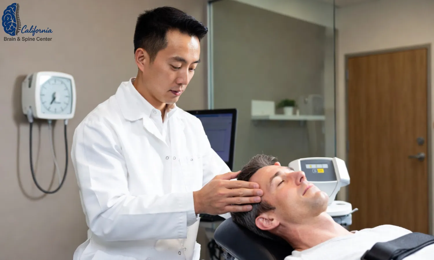 A neurologically focused chiropractor in a modern Calabasas clinic performing a balance and eye movement exam on an adult patient, clinical equipment visible but not intimidating.