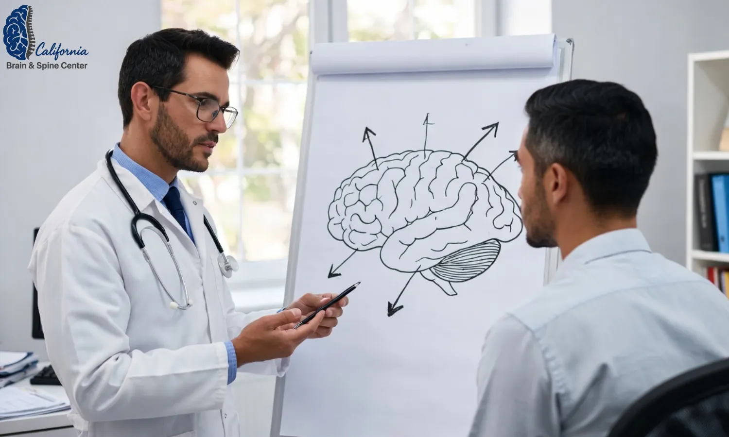 A calm consultation room in Calabasas with a neurologically focused doctor showing a simple brain diagram to a patient, both seated, relaxed, and engaged in discussion
