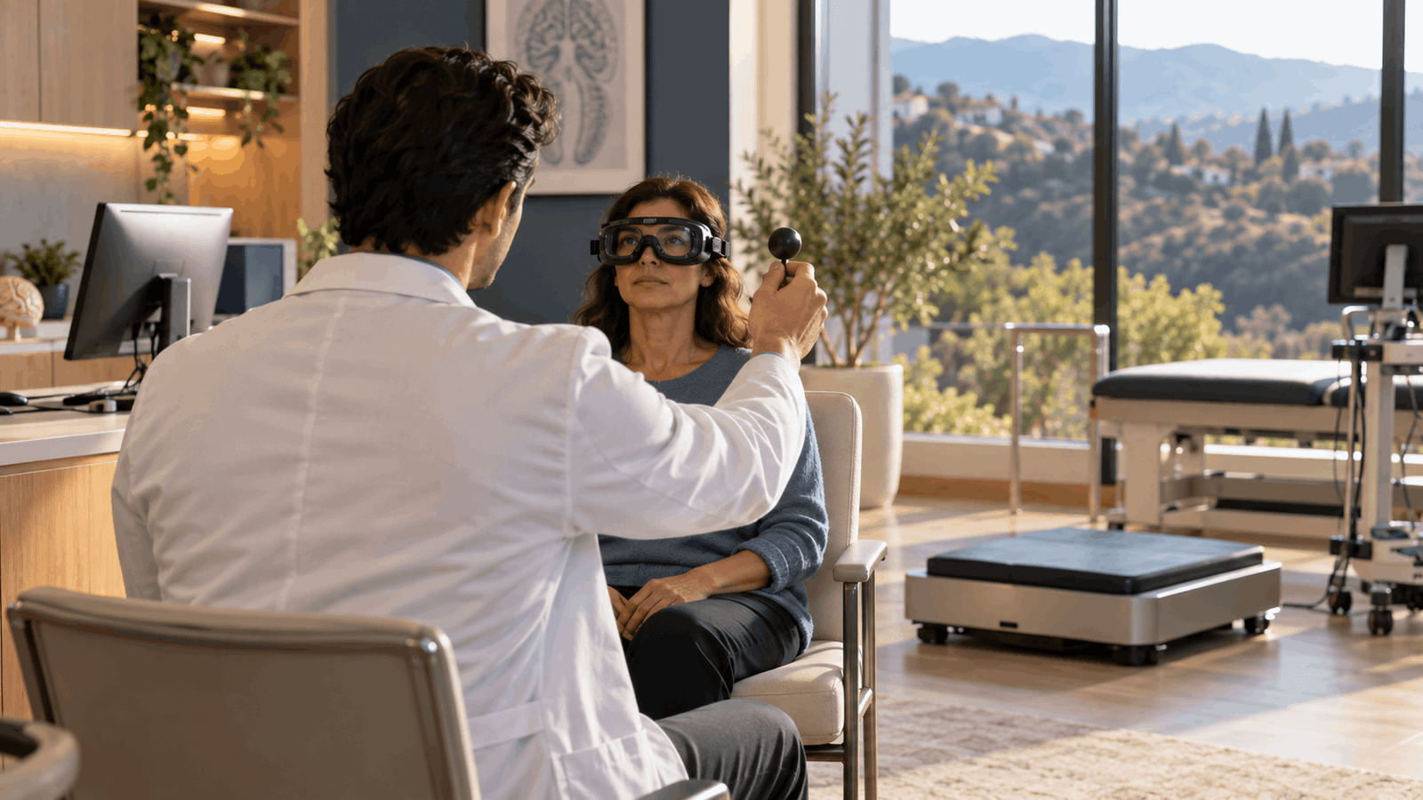 A balance and eye-movement assessment during a neurological evaluation for persistent brain fog