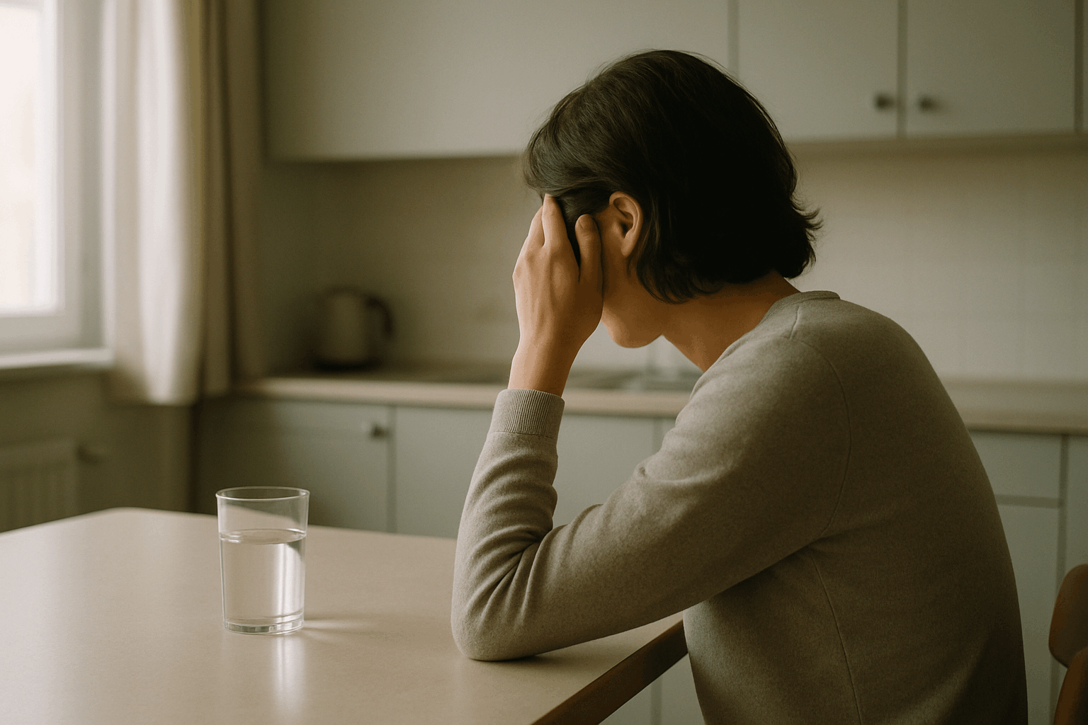 A man in Calabasas takes a quiet pacing break at his kitchen table — a common self-care step during a lingering COVID headache.