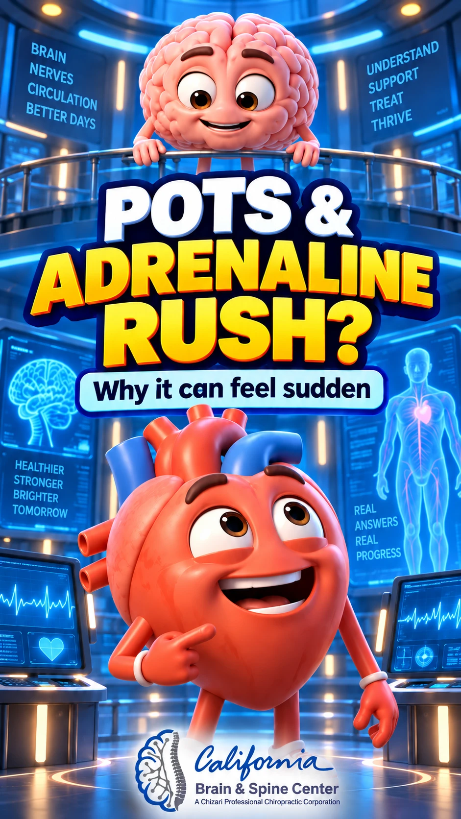 POTS adrenaline rush animation with brain and heart characters
