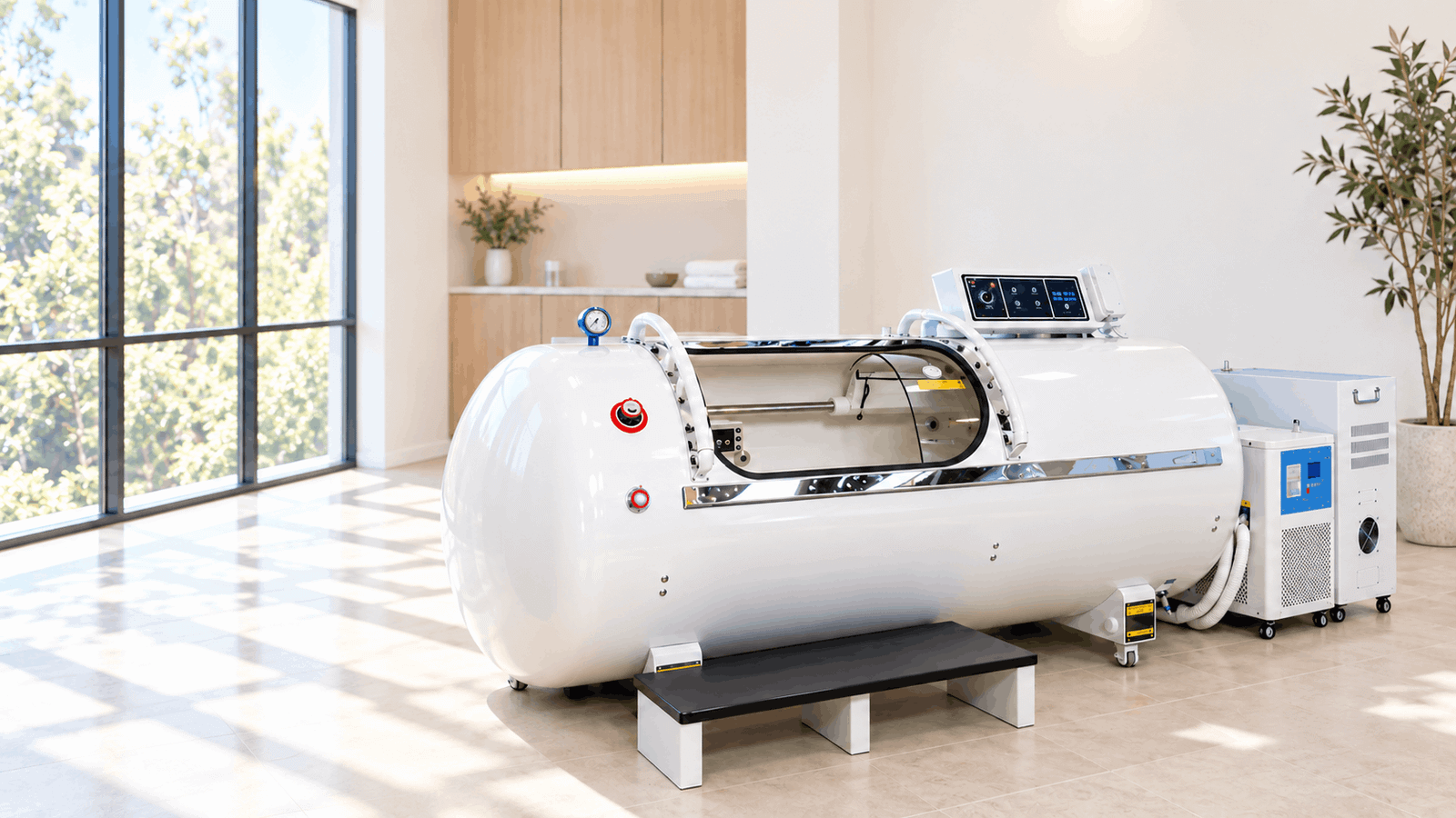 Hard-shell hyperbaric oxygen chamber in a calm clinic treatment room