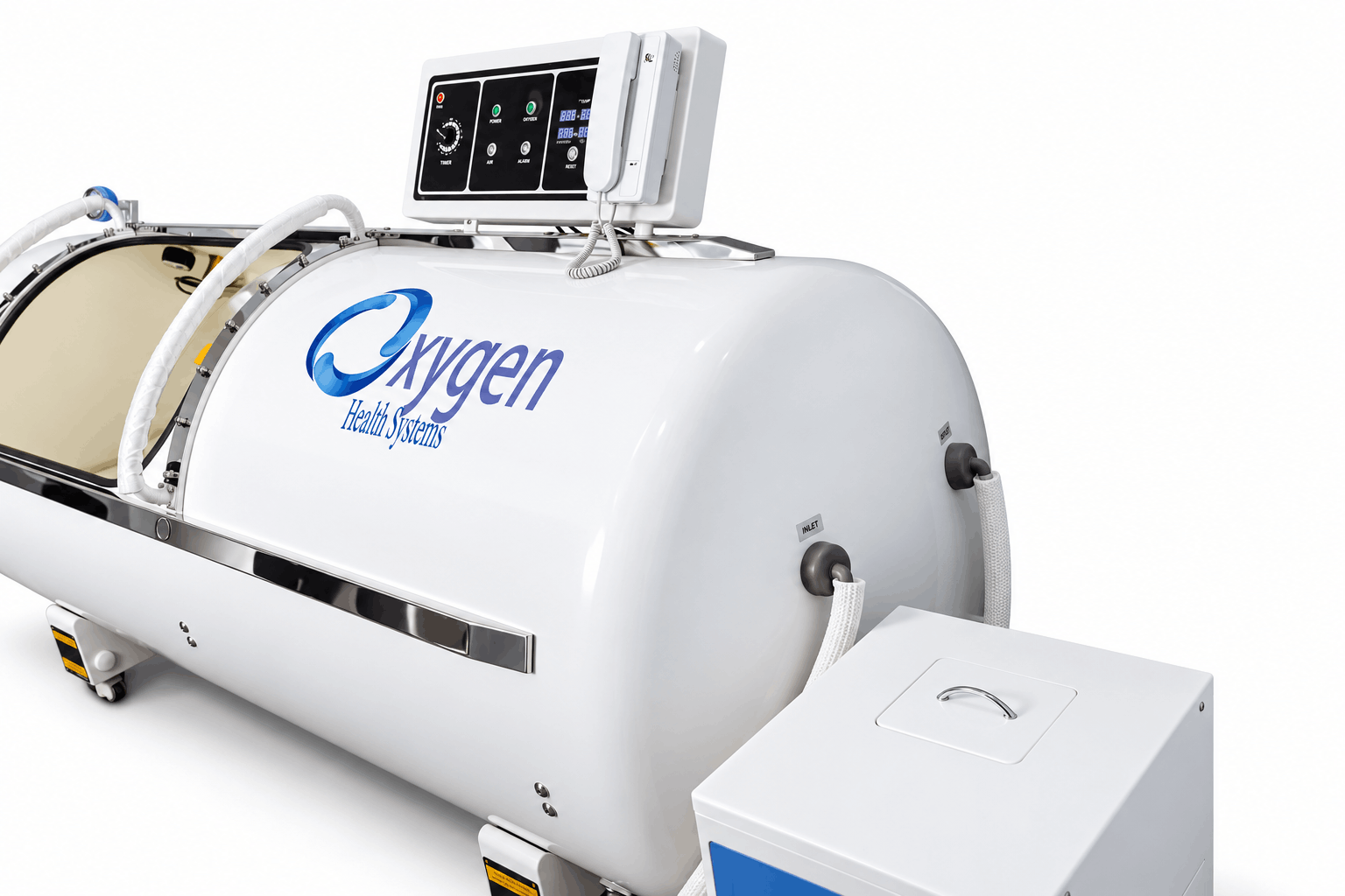 A clinician reviewing a screening form with a seated patient before a hyperbaric session