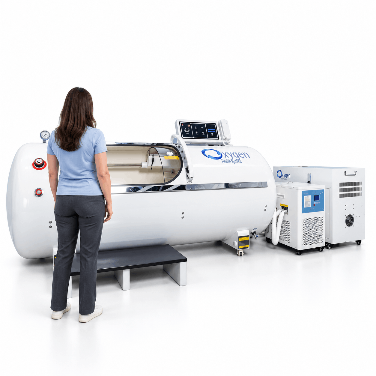 Hard-shell hyperbaric chamber in a calm treatment room, illustrating hyperbaric oxygen therapy cost in Calabasas